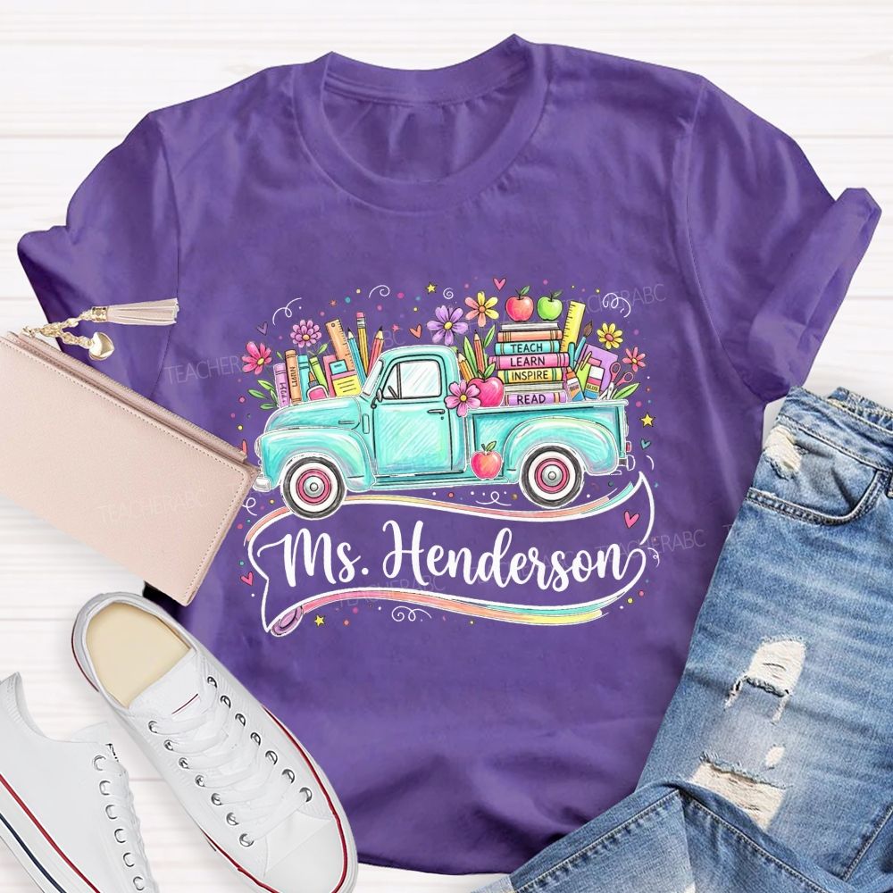 Personalized Name Teach Learn Inspire Read Teal Floral School Supply Teacher T-shirt