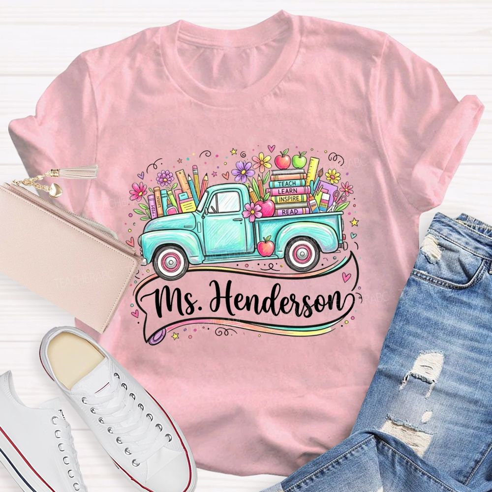 Personalized Name Teach Learn Inspire Read Teal Floral School Supply Teacher T-shirt