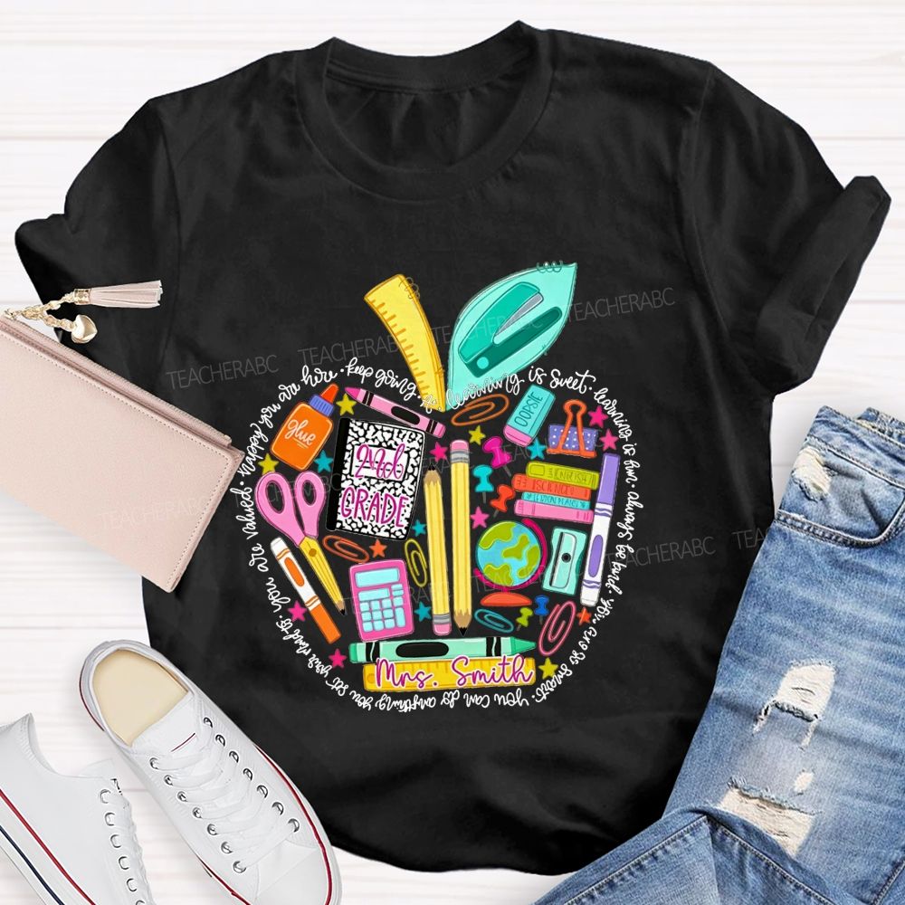 Personalized Name And Grade School Supply Apple Teacher T-shirt