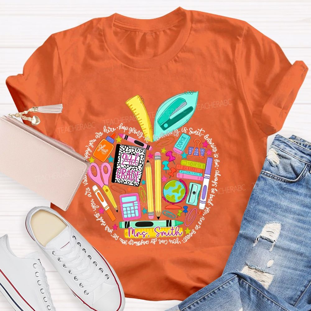Personalized Name And Grade School Supply Apple Teacher T-shirt