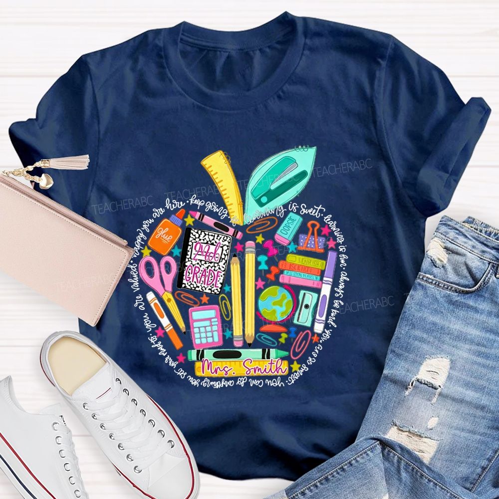 Personalized Name And Grade School Supply Apple Teacher T-shirt