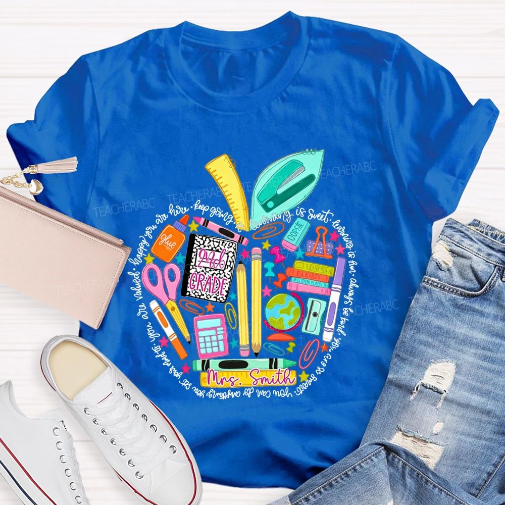 Personalized Name And Grade School Supply Apple Teacher T-shirt