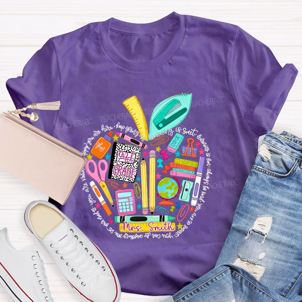 Personalized Name And Grade School Supply Apple Teacher T-shirt