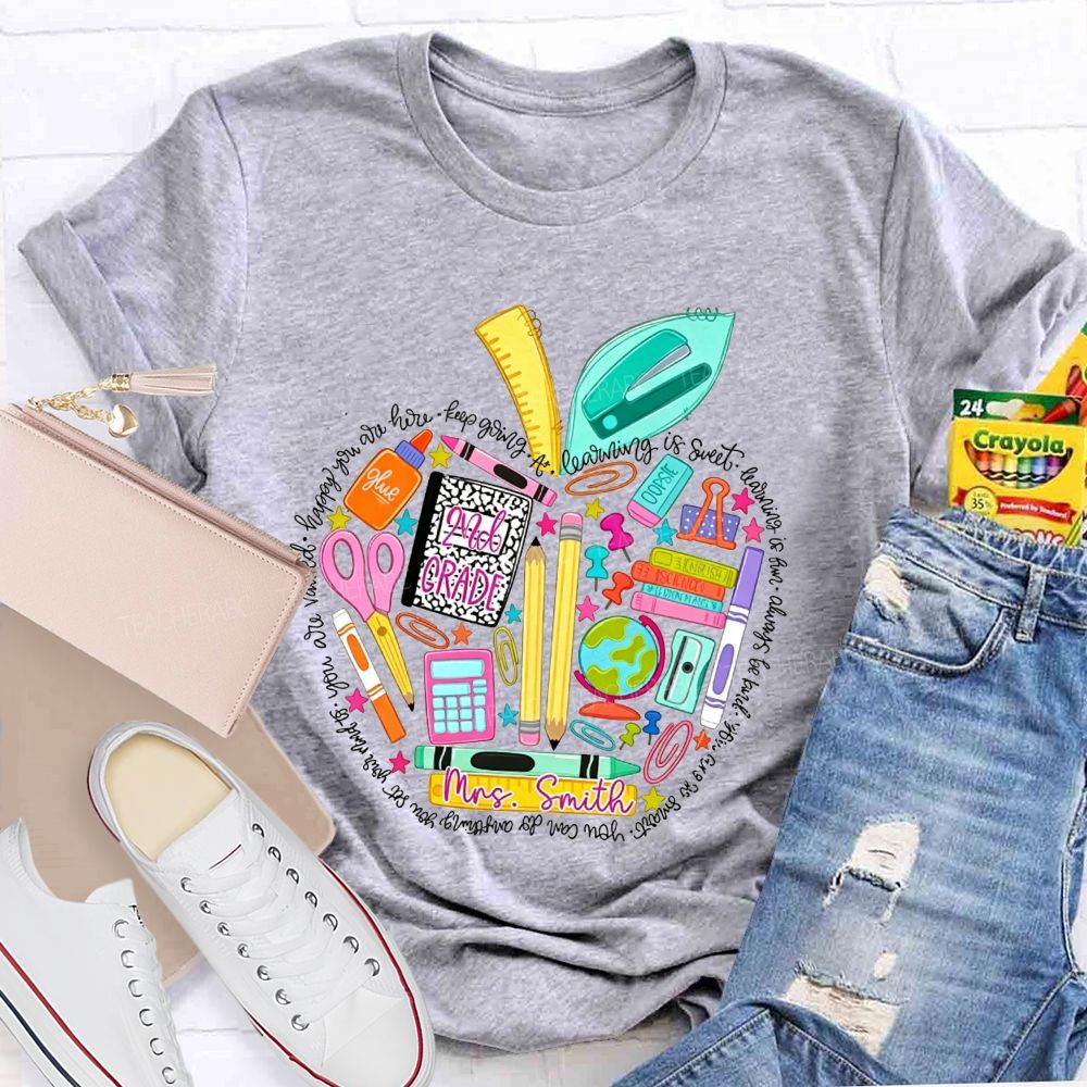 Personalized Name And Grade School Supply Apple Teacher T-shirt