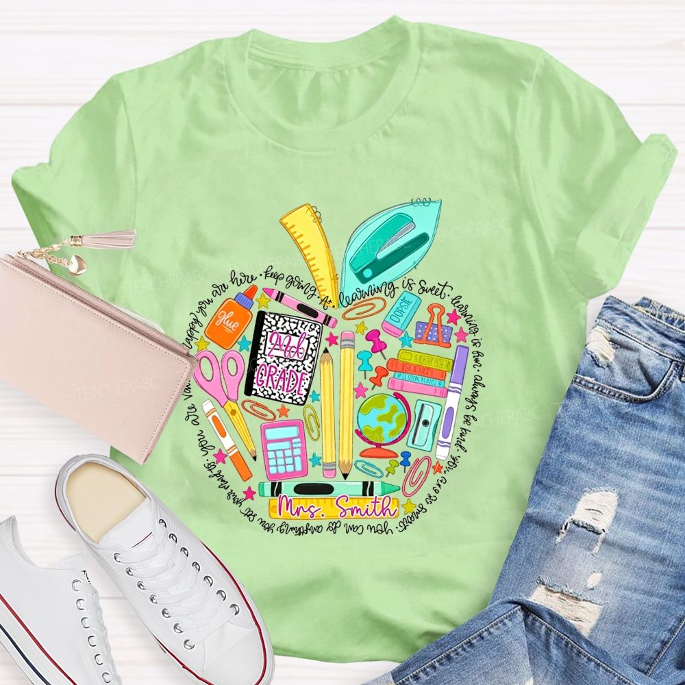 Personalized Name And Grade School Supply Apple Teacher T-shirt