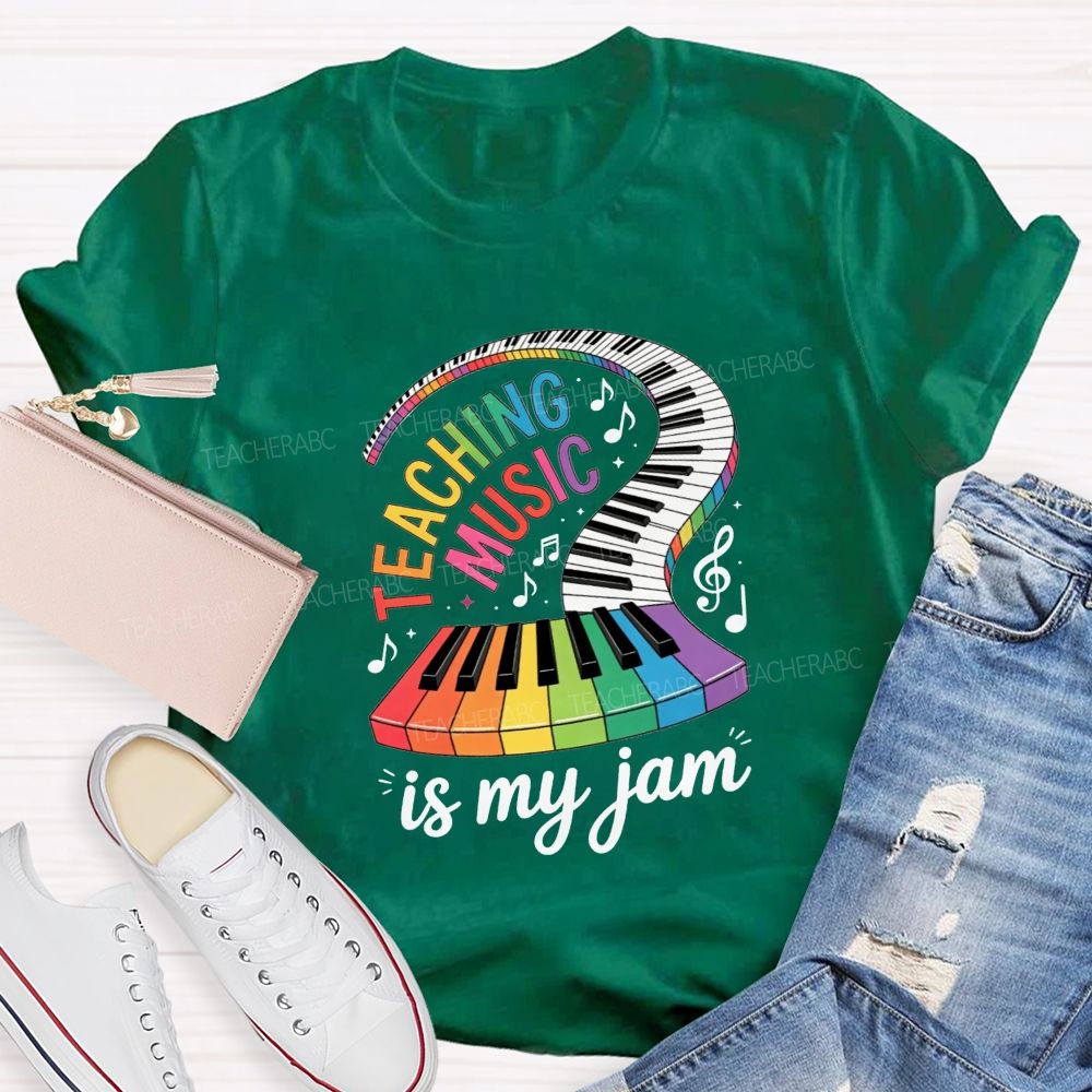 Teaching Music Is My Jam Rainbow Curved Piano Keyboard Teacher T-shirt