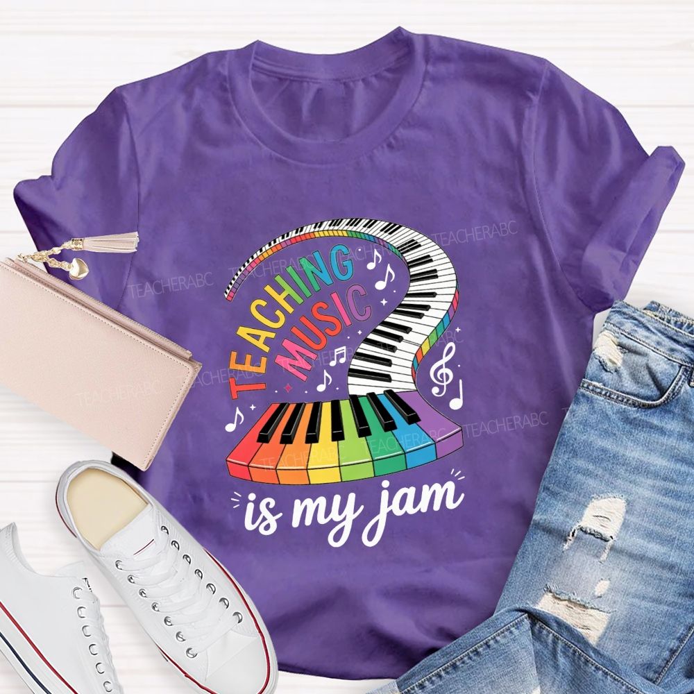 Teaching Music Is My Jam Rainbow Curved Piano Keyboard Teacher T-shirt