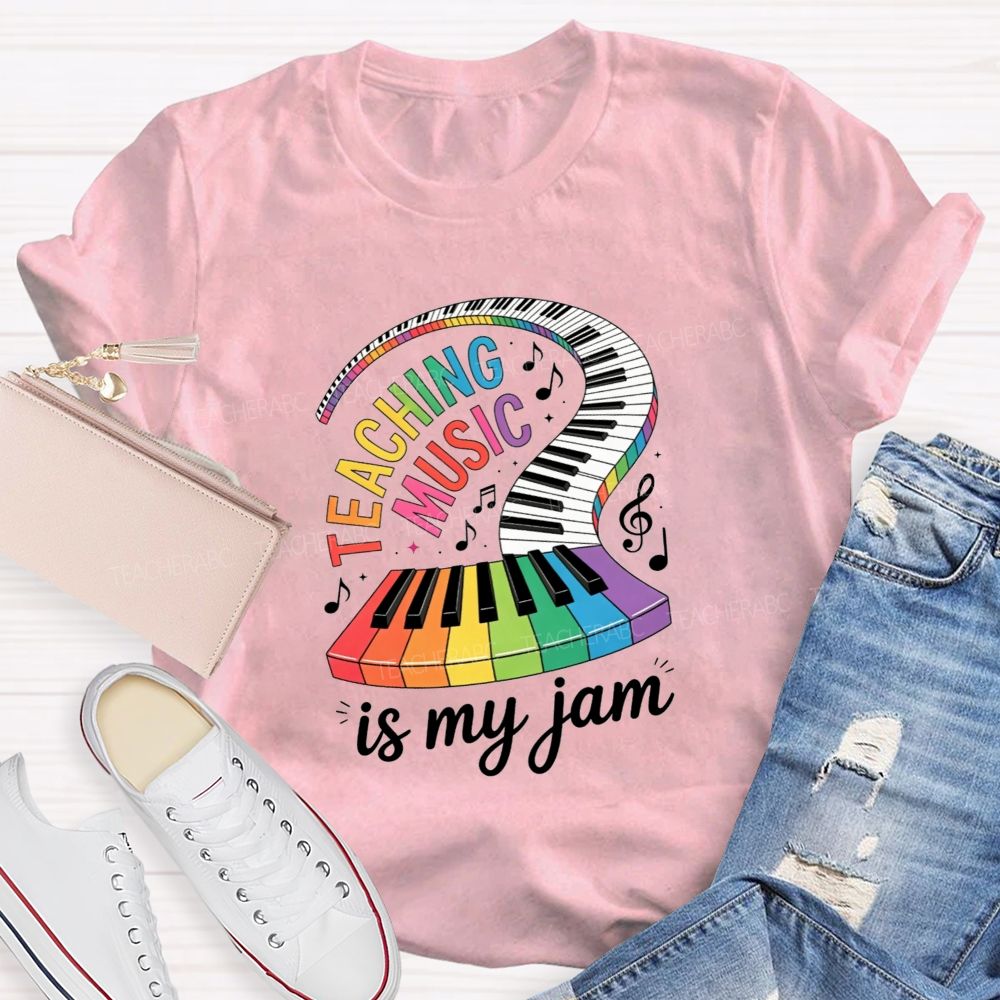 Teaching Music Is My Jam Rainbow Curved Piano Keyboard Teacher T-shirt