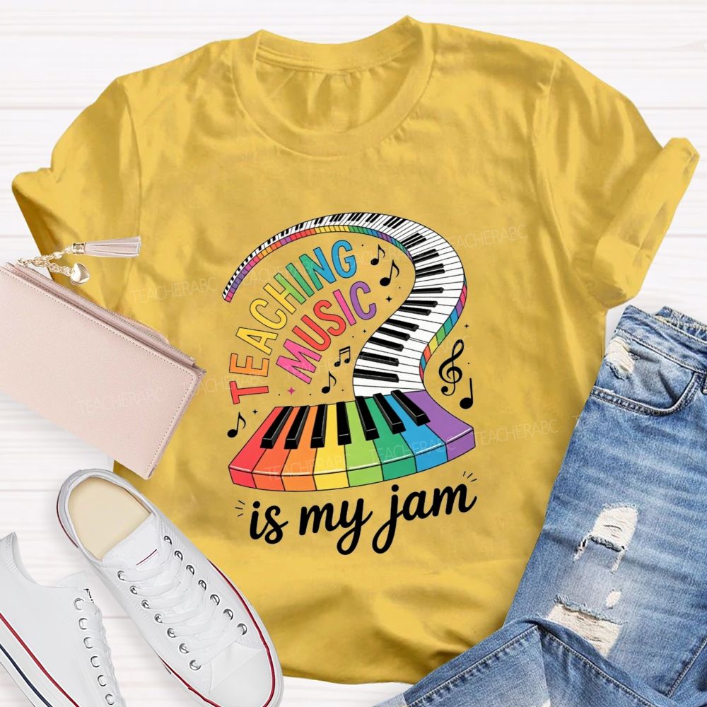 Teaching Music Is My Jam Rainbow Curved Piano Keyboard Teacher T-shirt