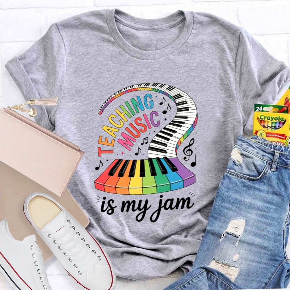 Teaching Music Is My Jam Rainbow Curved Piano Keyboard Teacher T-shirt
