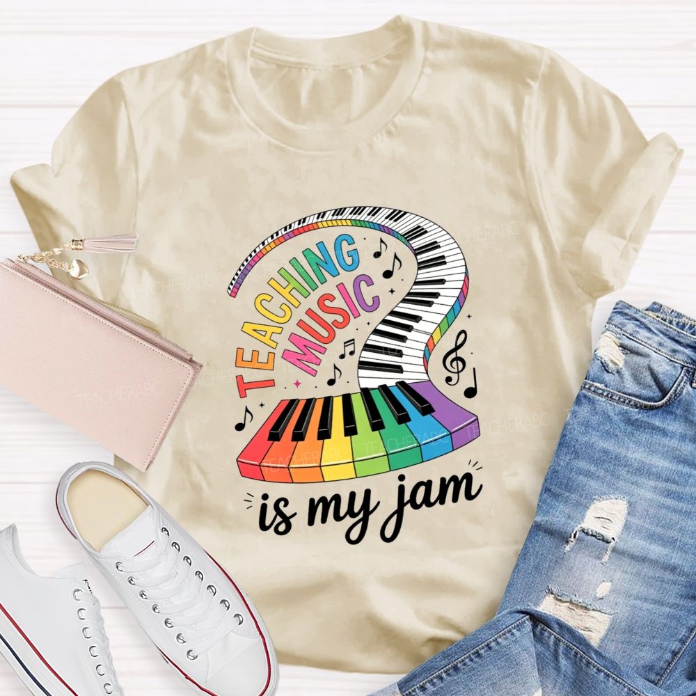 Teaching Music Is My Jam Rainbow Curved Piano Keyboard Teacher T-shirt