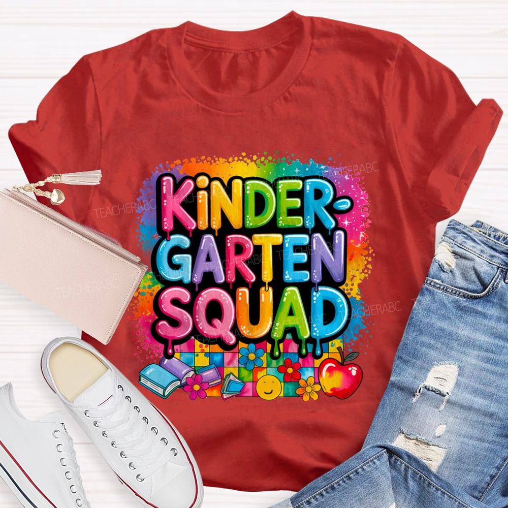 Personalized Grade Kindergarten Squad Colorful Plaid Print Teacher T-Shirt