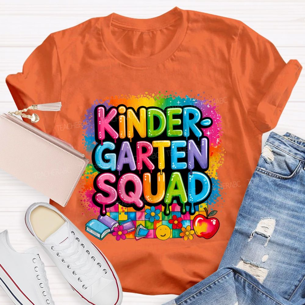 Personalized Grade Kindergarten Squad Colorful Plaid Print Teacher T-Shirt