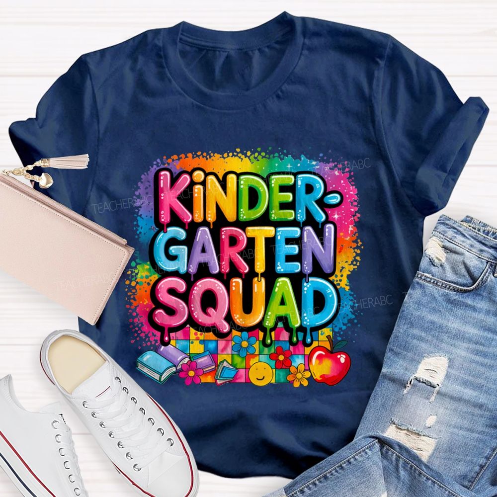Personalized Grade Kindergarten Squad Colorful Plaid Print Teacher T-Shirt