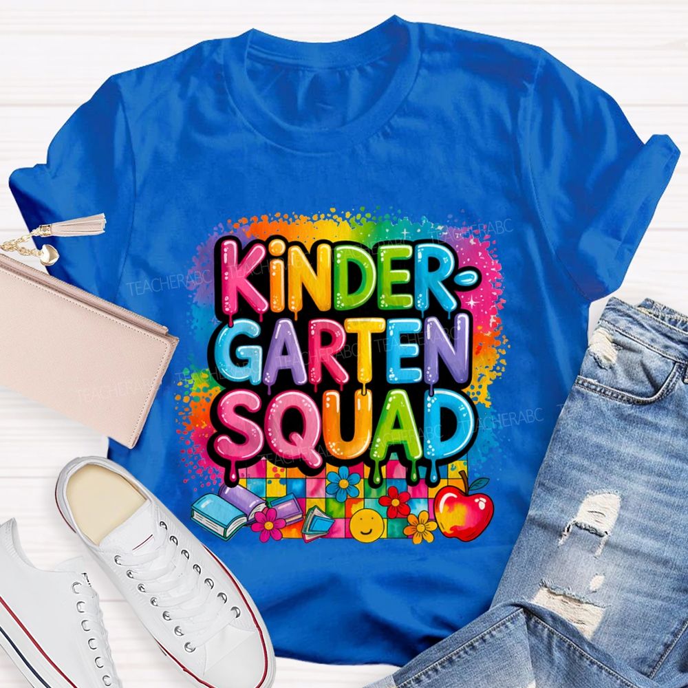 Personalized Grade Kindergarten Squad Colorful Plaid Print Teacher T-Shirt