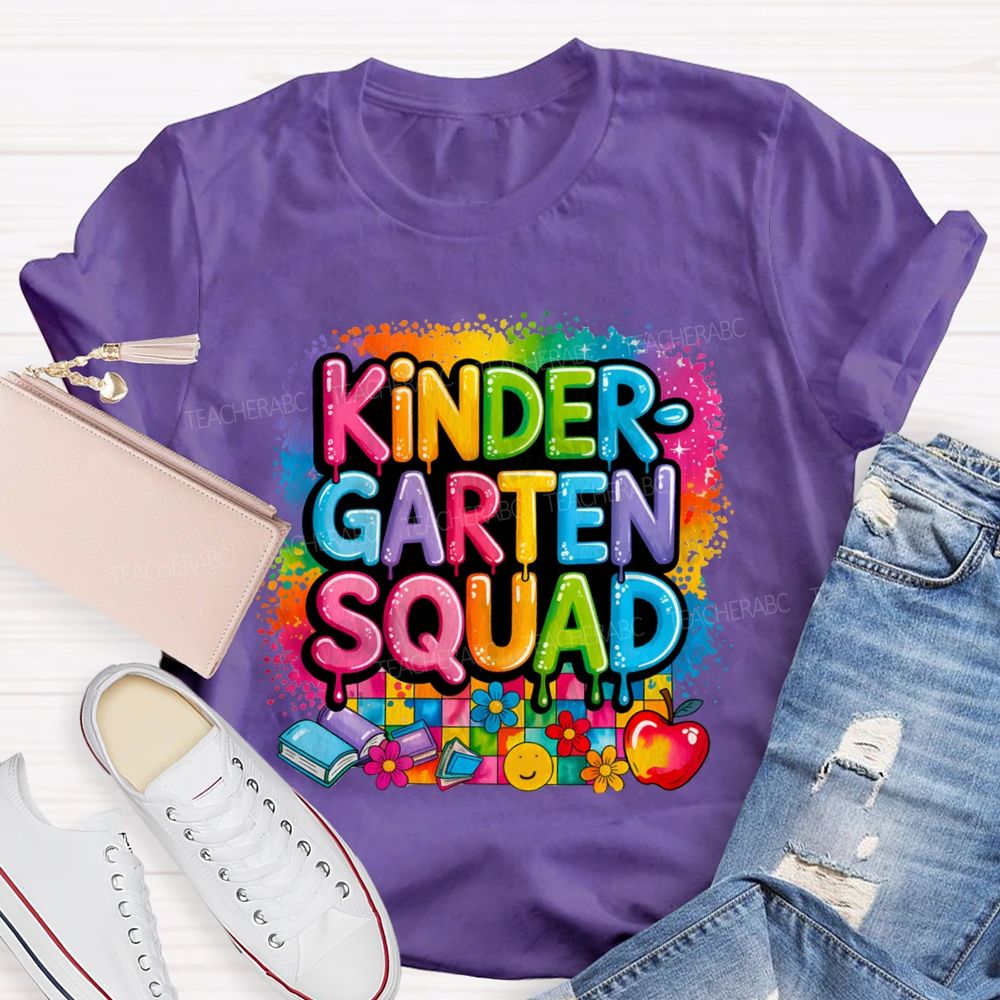 Personalized Grade Kindergarten Squad Colorful Plaid Print Teacher T-Shirt