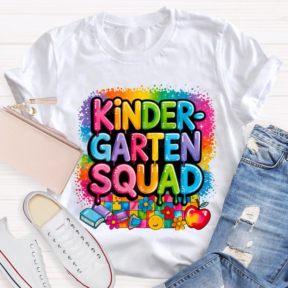 Personalized Grade Kindergarten Squad Colorful Plaid Print Teacher T-Shirt
