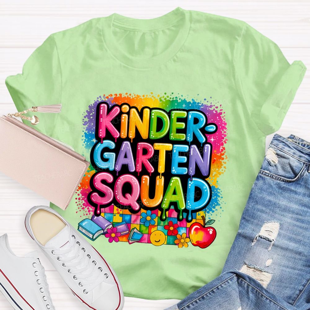 Personalized Grade Kindergarten Squad Colorful Plaid Print Teacher T-Shirt