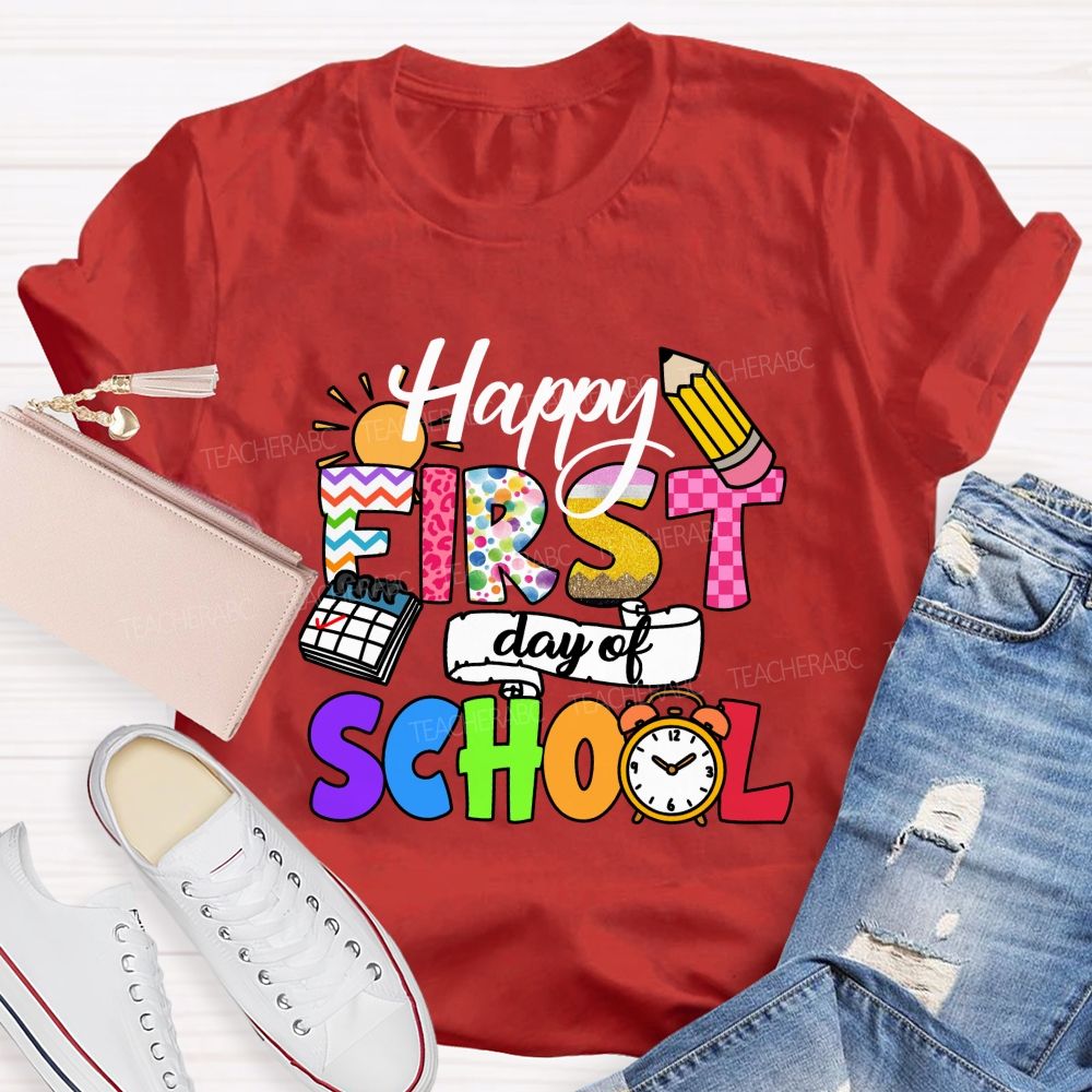 Happy First Day Of School Colorful Lines And Polka Dots Teacher T-Shirt