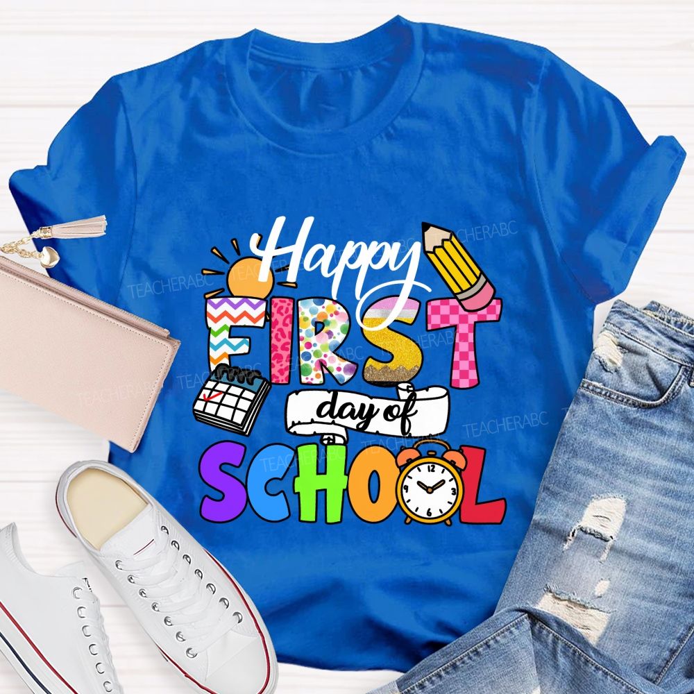 Happy First Day Of School Colorful Lines And Polka Dots Teacher T-Shirt