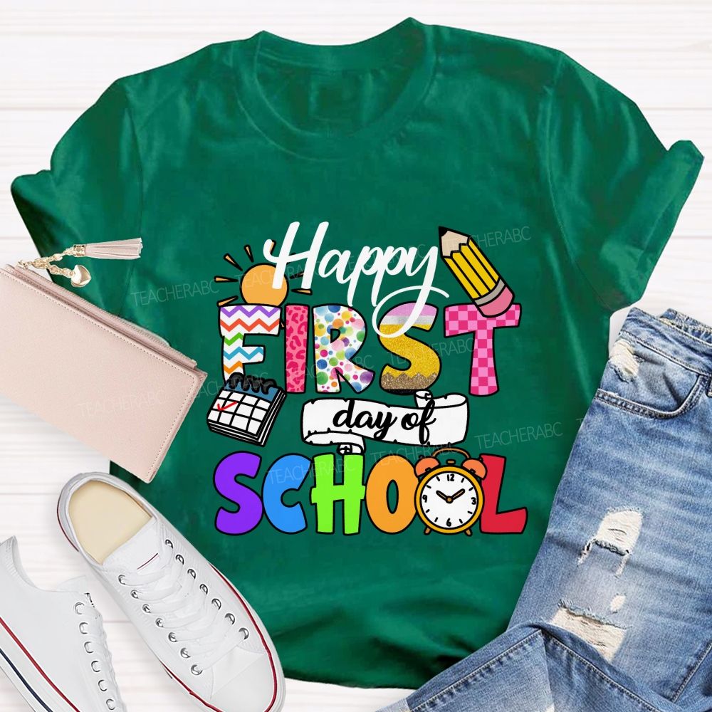 Happy First Day Of School Colorful Lines And Polka Dots Teacher T-Shirt