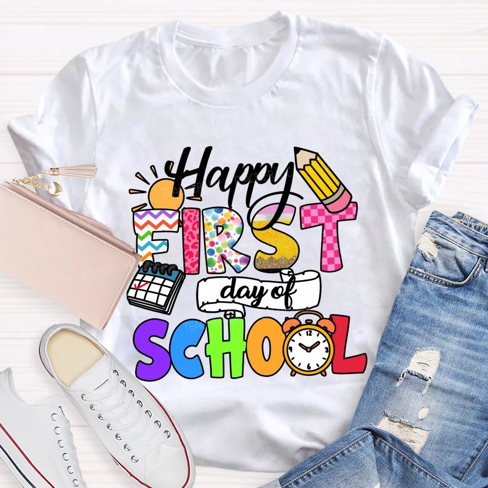 Happy First Day Of School Colorful Lines And Polka Dots Teacher T-Shirt