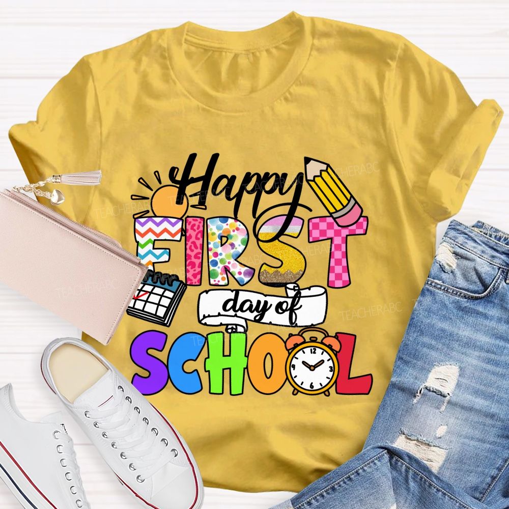Happy First Day Of School Colorful Lines And Polka Dots Teacher T-Shirt