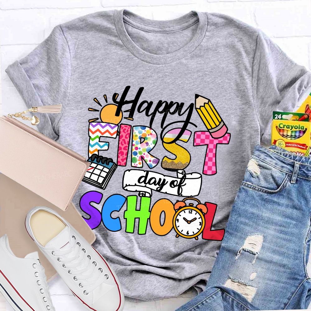 Happy First Day Of School Colorful Lines And Polka Dots Teacher T-Shirt