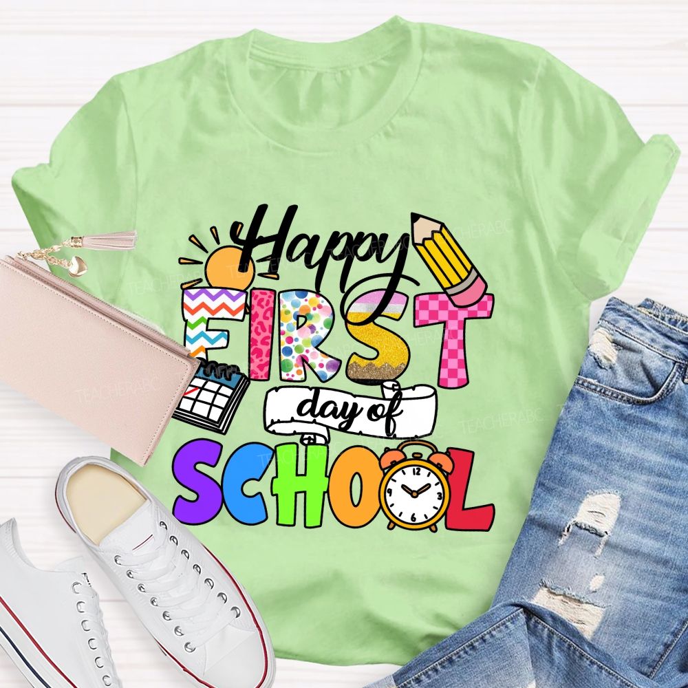 Happy First Day Of School Colorful Lines And Polka Dots Teacher T-Shirt