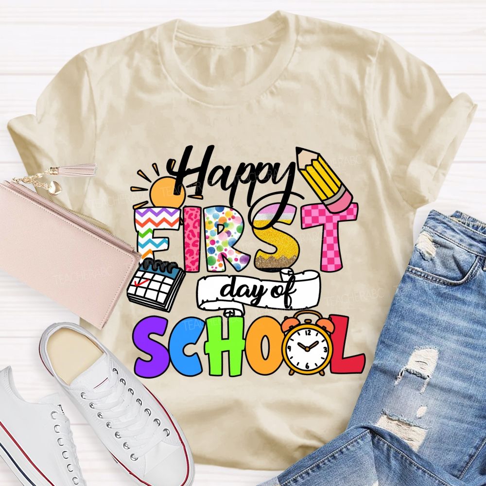 Happy First Day Of School Colorful Lines And Polka Dots Teacher T-Shirt