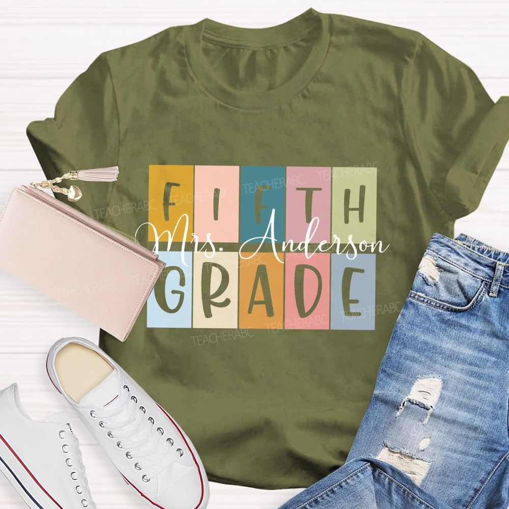 Personalized Grade And Name Colored Blocks Back To School Teacher T-Shirt