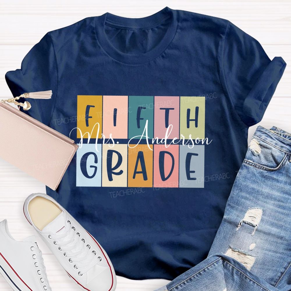 Personalized Grade And Name Colored Blocks Back To School Teacher T-Shirt