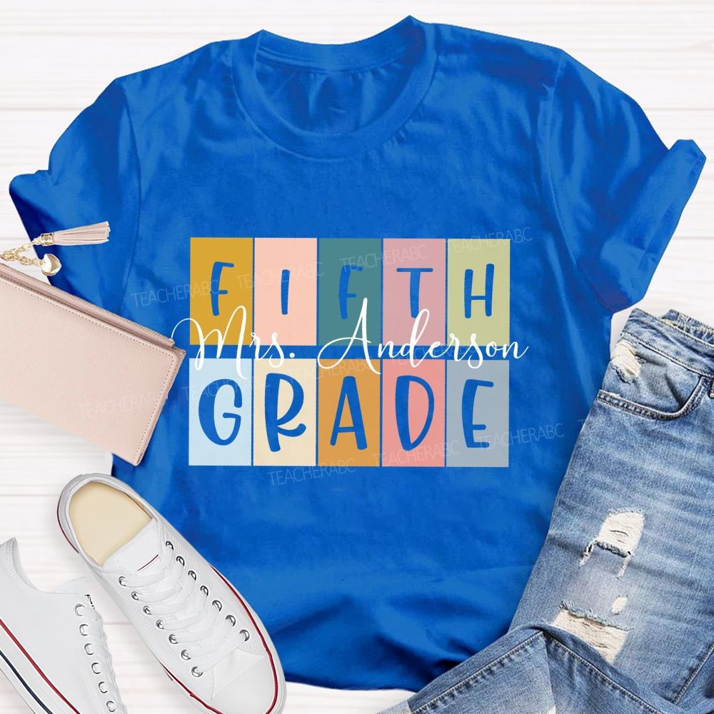 Personalized Grade And Name Colored Blocks Back To School Teacher T-Shirt