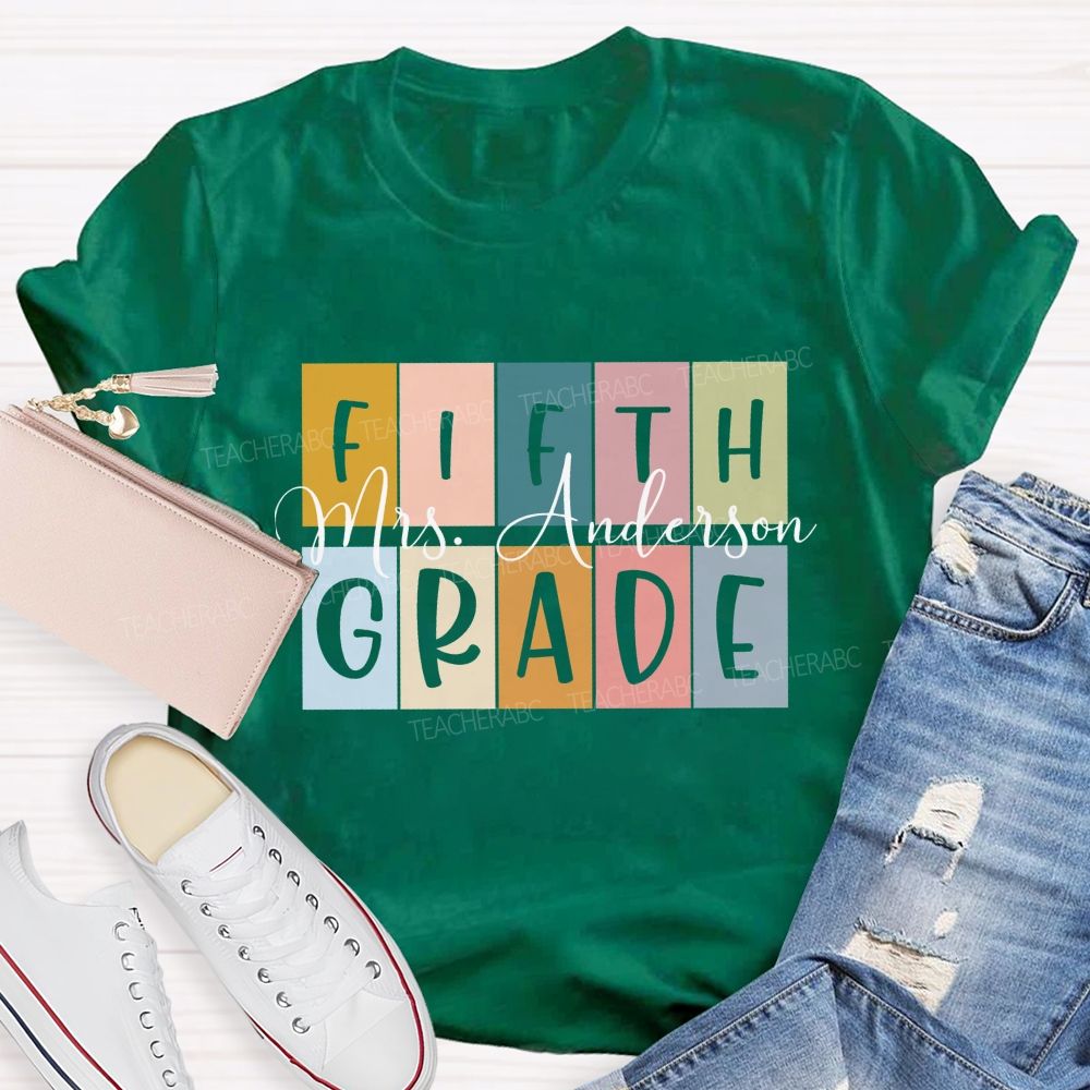 Personalized Grade And Name Colored Blocks Back To School Teacher T-Shirt