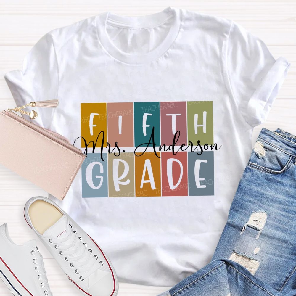 Personalized Grade And Name Colored Blocks Back To School Teacher T-Shirt