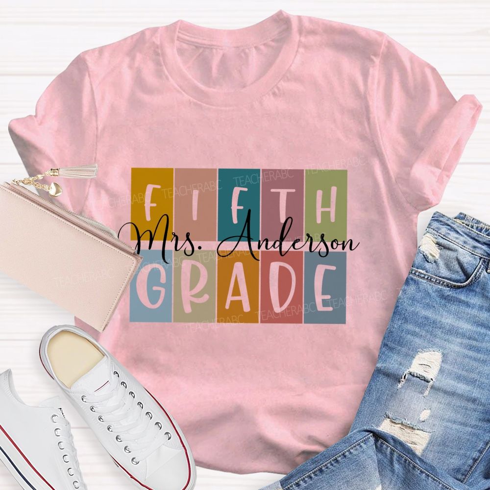 Personalized Grade And Name Colored Blocks Back To School Teacher T-Shirt
