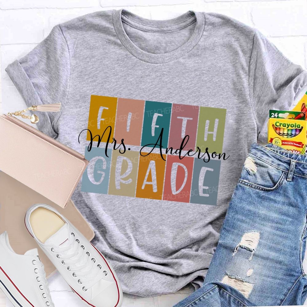 Personalized Grade And Name Colored Blocks Back To School Teacher T-Shirt