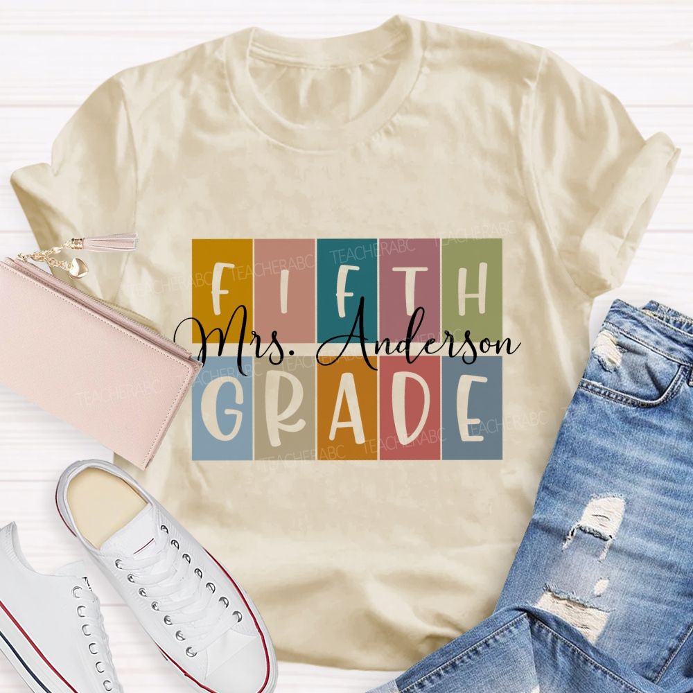 Personalized Grade And Name Colored Blocks Back To School Teacher T-Shirt