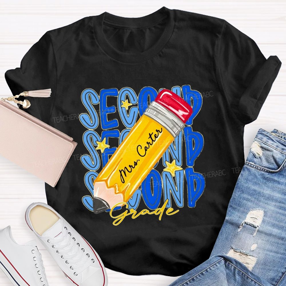 Personalized Name And Grade Stacked Text Yellow Pencil Teacher T-shirt