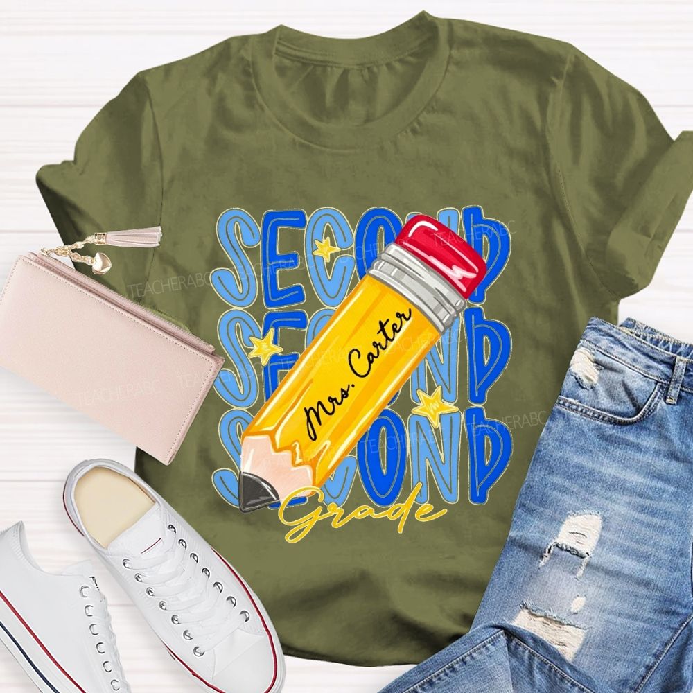 Personalized Name And Grade Stacked Text Yellow Pencil Teacher T-shirt
