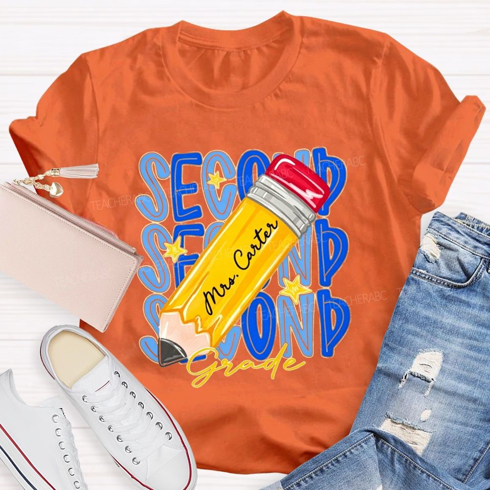 Personalized Name And Grade Stacked Text Yellow Pencil Teacher T-shirt