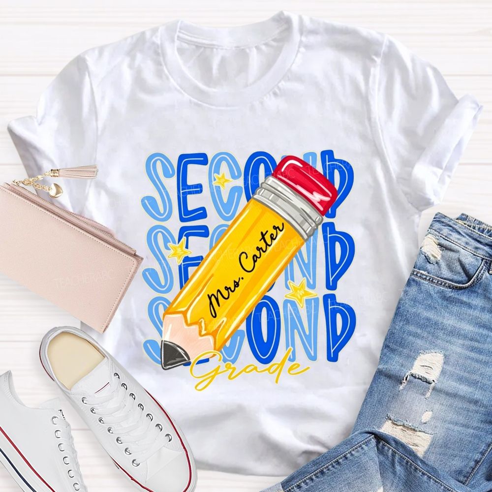 Personalized Name And Grade Stacked Text Yellow Pencil Teacher T-shirt