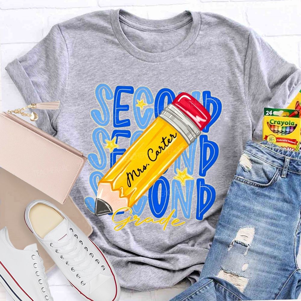Personalized Name And Grade Stacked Text Yellow Pencil Teacher T-shirt