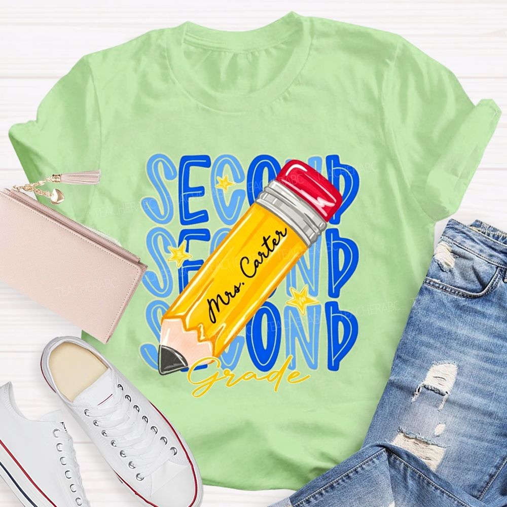 Personalized Name And Grade Stacked Text Yellow Pencil Teacher T-shirt