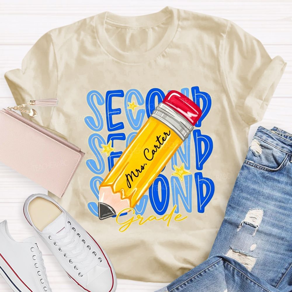 Personalized Name And Grade Stacked Text Yellow Pencil Teacher T-shirt