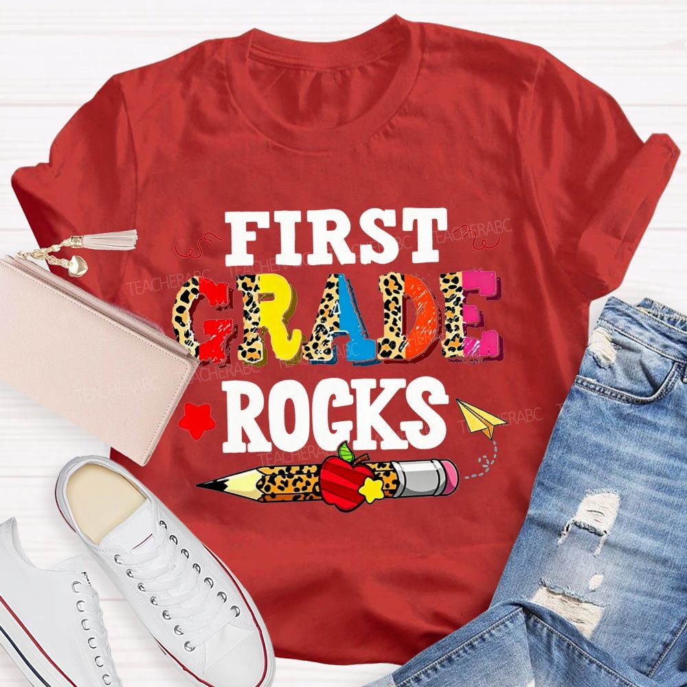 Personalized Grade First Grade Rocks Leopard Mix Color Letter Leopard Teacher T-shirt