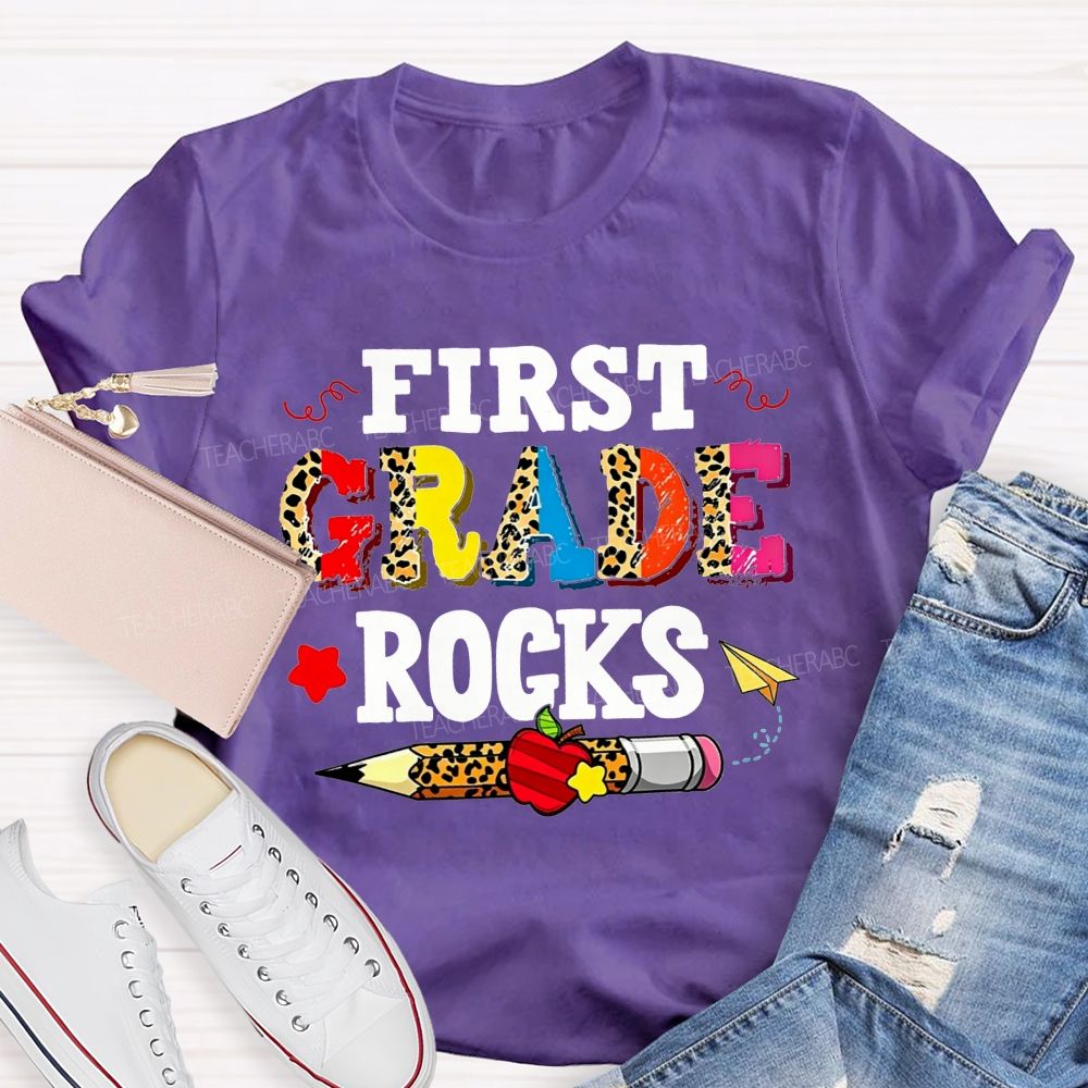 Personalized Grade First Grade Rocks Leopard Mix Color Letter Leopard Teacher T-shirt