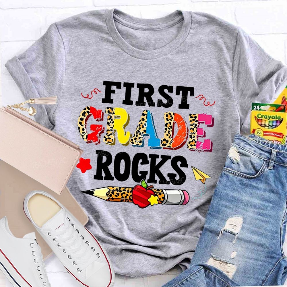 Personalized Grade First Grade Rocks Leopard Mix Color Letter Leopard Teacher T-shirt