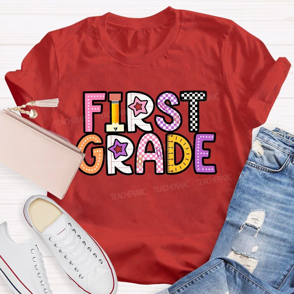 Personalized Grade First Grade Stationery Letter Design Teacher T-shirt