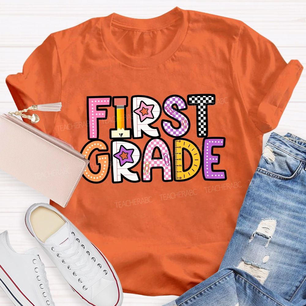 Personalized Grade First Grade Stationery Letter Design Teacher T-shirt